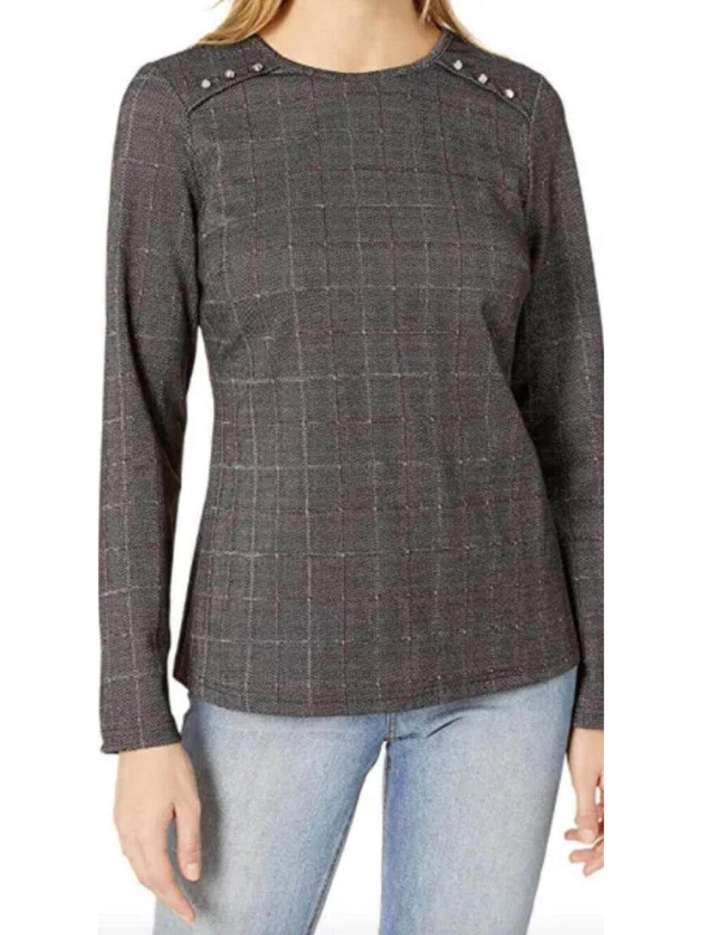 NWT NANETTE LEPORE Sweater Medium Stretch Window Pane Long Sleeve Pullover Gray